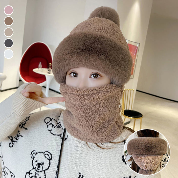"Kvinnors vintermaskhalsduk med pälsboll, inbyggd mössa, trendiga färger, eleganta dameraccessoarer för vintertid."