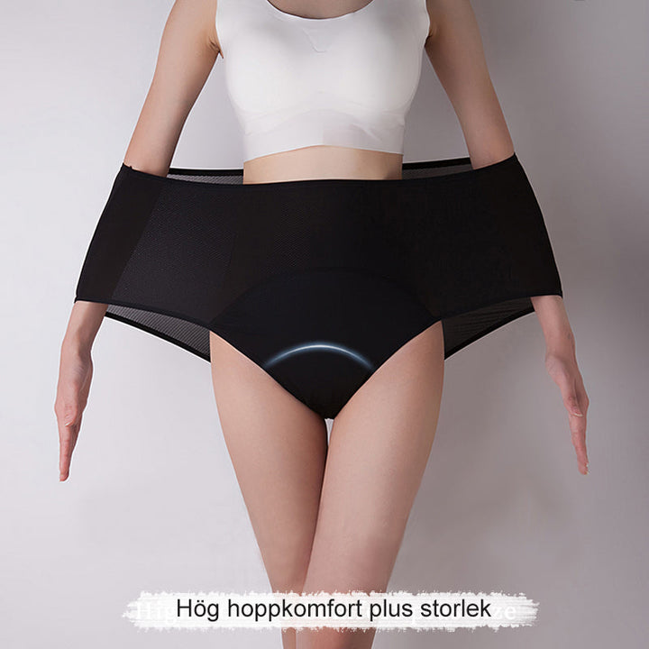 "Läckagesäkra menstruationstrosor, svarta, med tre lager för effektiv absorption och komfort under menstruation."