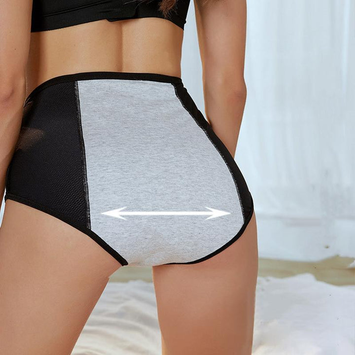 "Läckagesäkra menstruationstrosor, svarta, med tre lager för effektiv absorption och komfort under menstruation."
