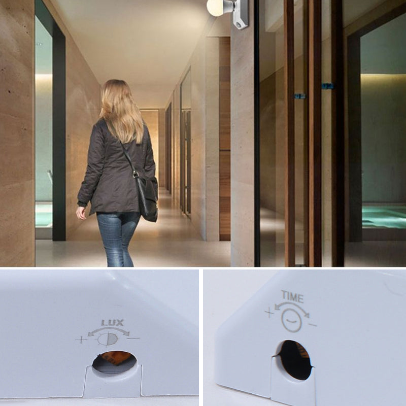 "Lamphållare med rörelsesensor för trappbelysning, vit med IP65 skydd, detektionsvinkel 180°, lämplig för E27-sockel."