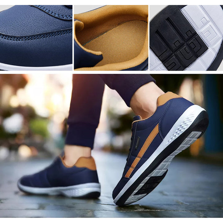 "Lätta fritidsskor för män, snörningslös design med halkfri sula, mörkbrun färg, perfekt för dagligt bruk."