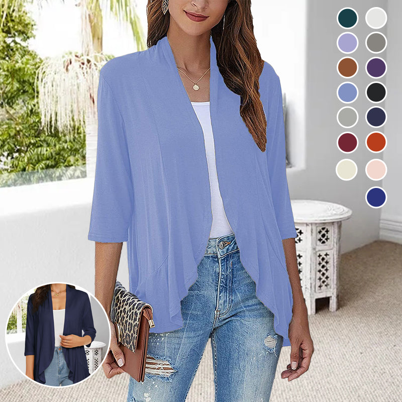 Lättvikts vår-sommar cardigan med 3/4 ärmar, öppen design och oregelbunden fåll, perfekt för modernt kvinno-mode.