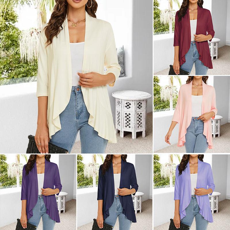 Lättvikts vår-sommar cardigan med 3/4 ärmar, öppen design och oregelbunden fåll, perfekt för modernt kvinno-mode.