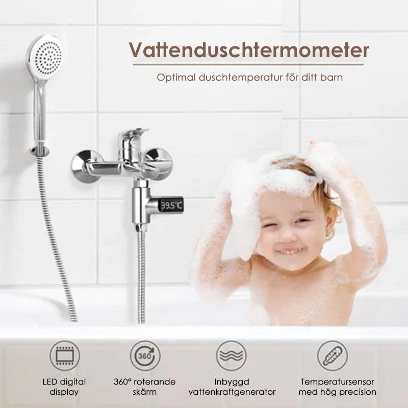 "LED-duschtermometer med 360° visning, visar vattentemperatur i realtid, färgindikator, barnsäker, ingen batteri behövs."