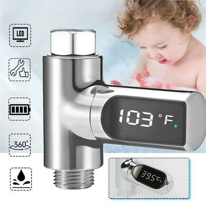 "LED-duschtermometer med 360° visning, visar vattentemperatur i realtid, färgindikator, barnsäker, ingen batteri behövs."