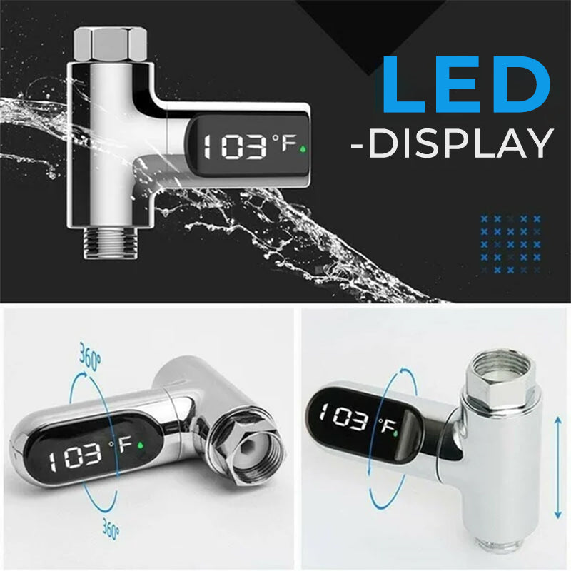 "LED-duschtermometer med 360° visning, visar vattentemperatur i realtid, färgindikator, barnsäker, ingen batteri behövs."