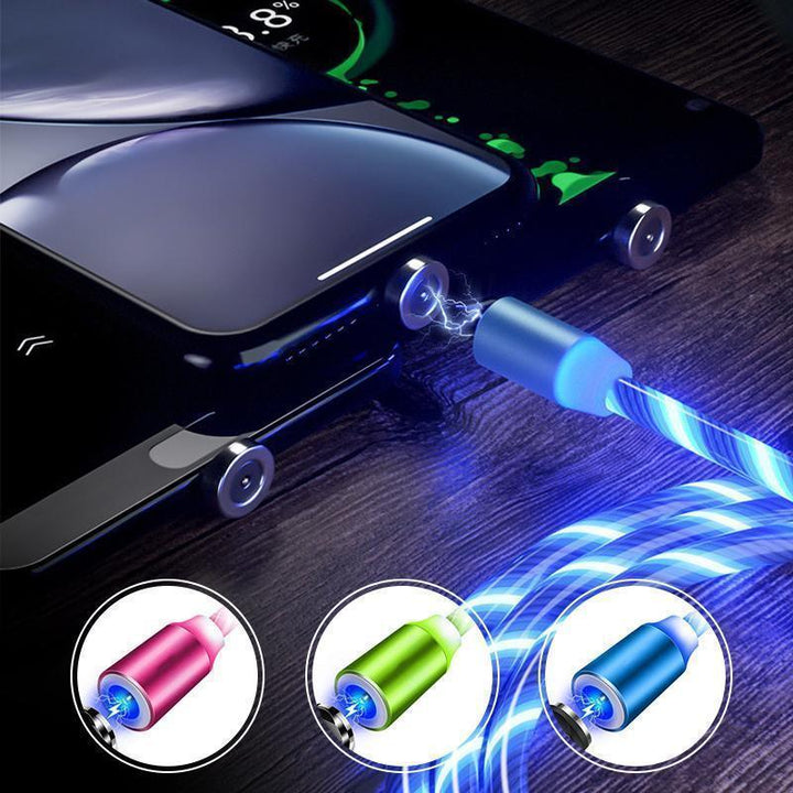 "LED-magnetisk 3-i-1 USB-laddningskabel med blå flödande LED-lampor och superstarka magneter för nattladdning."