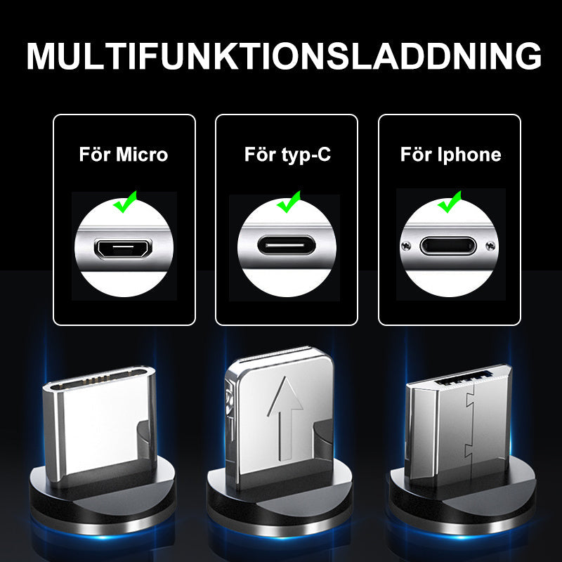 "LED-magnetisk 3-i-1 USB-laddningskabel med blå flödande LED-lampor och superstarka magneter för nattladdning."