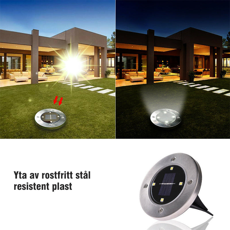 "LED solcellsmarkbelysning för utomhusbruk i rostfritt stål, 8 LED-lampor, rund design, vattentålig och energisnål."