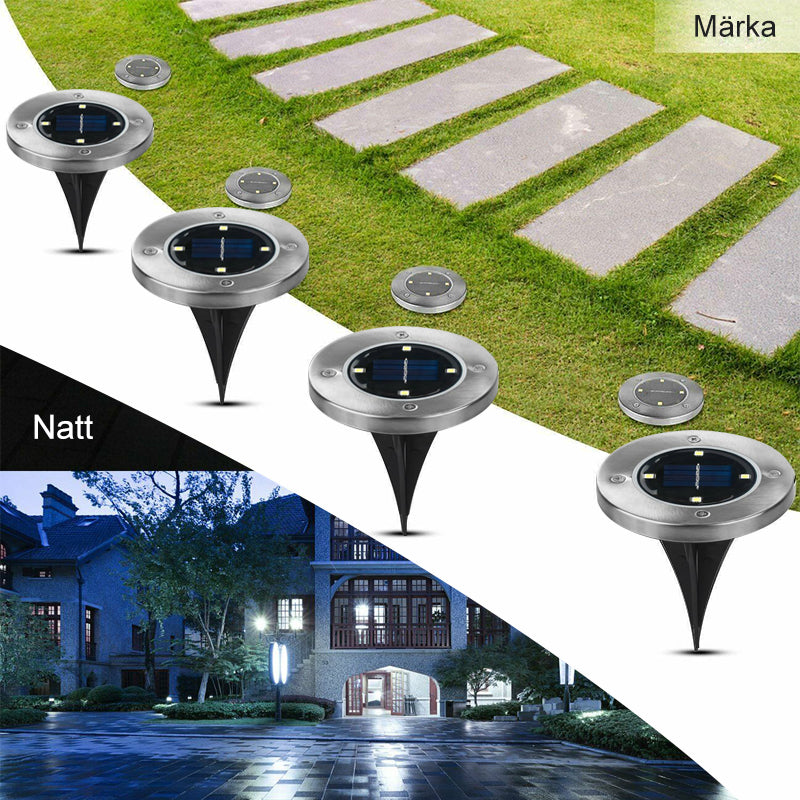 "LED solcellsmarkbelysning för utomhusbruk i rostfritt stål, 8 LED-lampor, rund design, vattentålig och energisnål."
