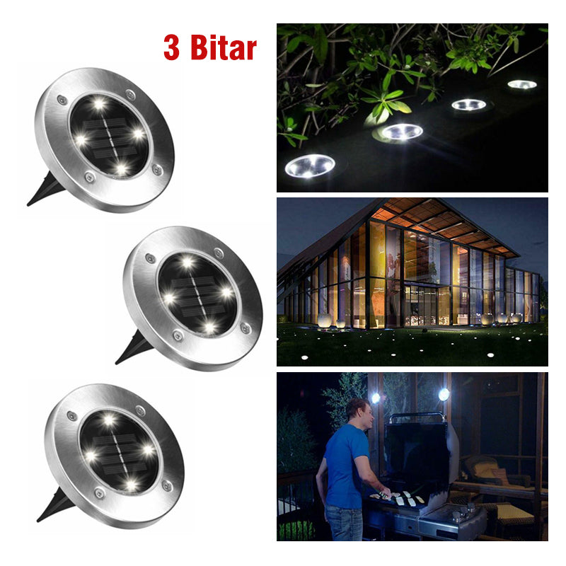 "LED solcellsmarkbelysning för utomhusbruk i rostfritt stål, 8 LED-lampor, rund design, vattentålig och energisnål."