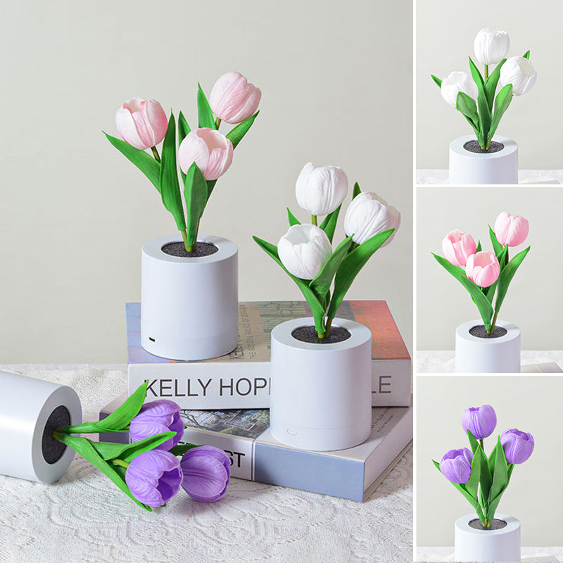 LED tulpan bordslampa i PU, uppladdningsbar. Eleganta vita, rosa och lila blommor med varmt ljus, höjd 30 cm.
