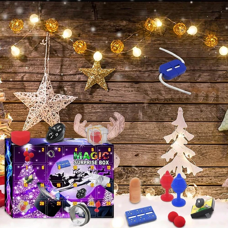 "Magiska adventsleksaker för barn, 24 överraskande fönster som avslöjar roliga och utvecklande magiska trick."