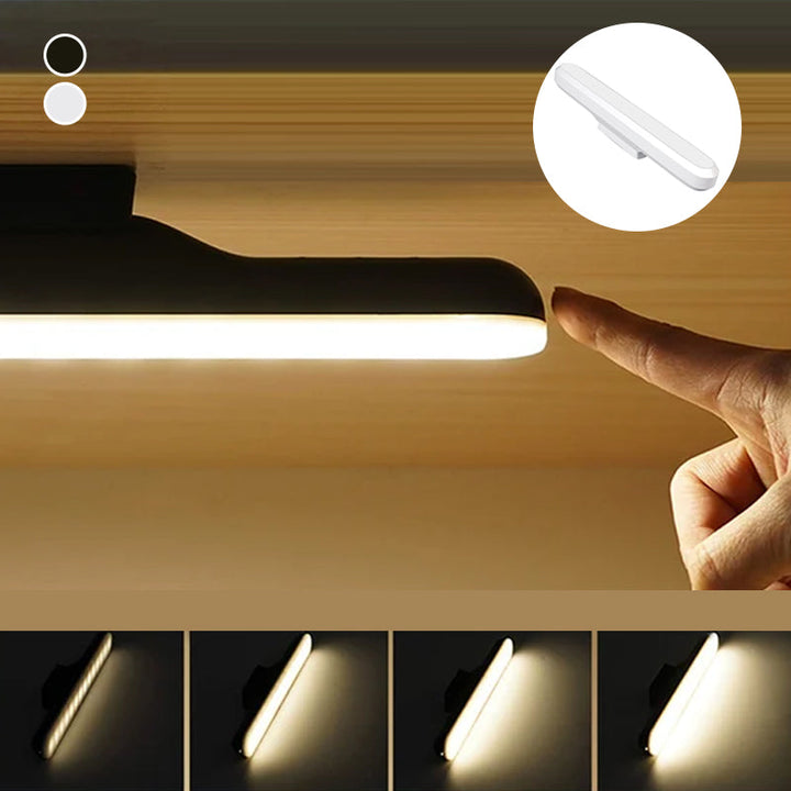 "Magnetisk uppladdningsbar bordslampa, kompakt design, magnetfot, justerbara ljusnivåer, svart eller vit färg."