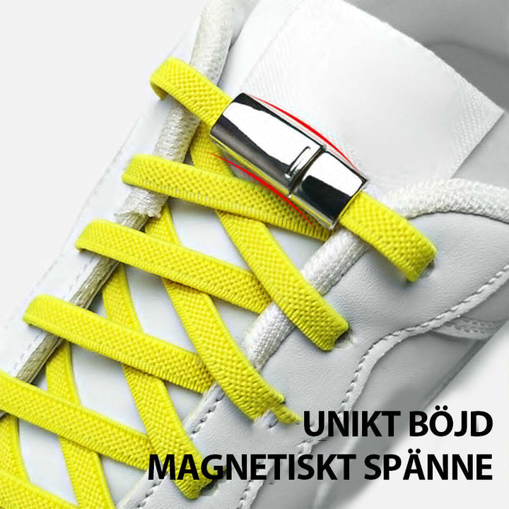 "Magnetiskt metallspänne för skosnören dam, elegant design i silver, svart och roséguld, stilfull och funktionell lösning."