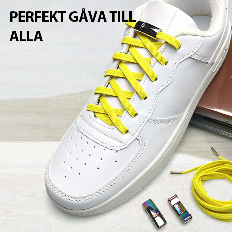 "Magnetiskt metallspänne för skosnören dam, elegant design i silver, svart och roséguld, stilfull och funktionell lösning."