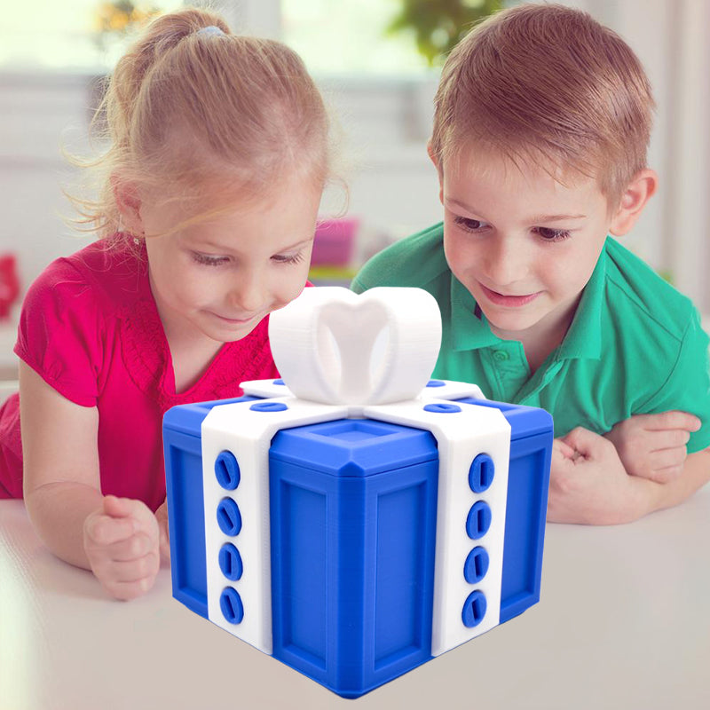 "Mångfärgad presentbox med mystisk design, 3D-utskriven med utmanande dolda nycklar och skruvbara bultar för spänning."