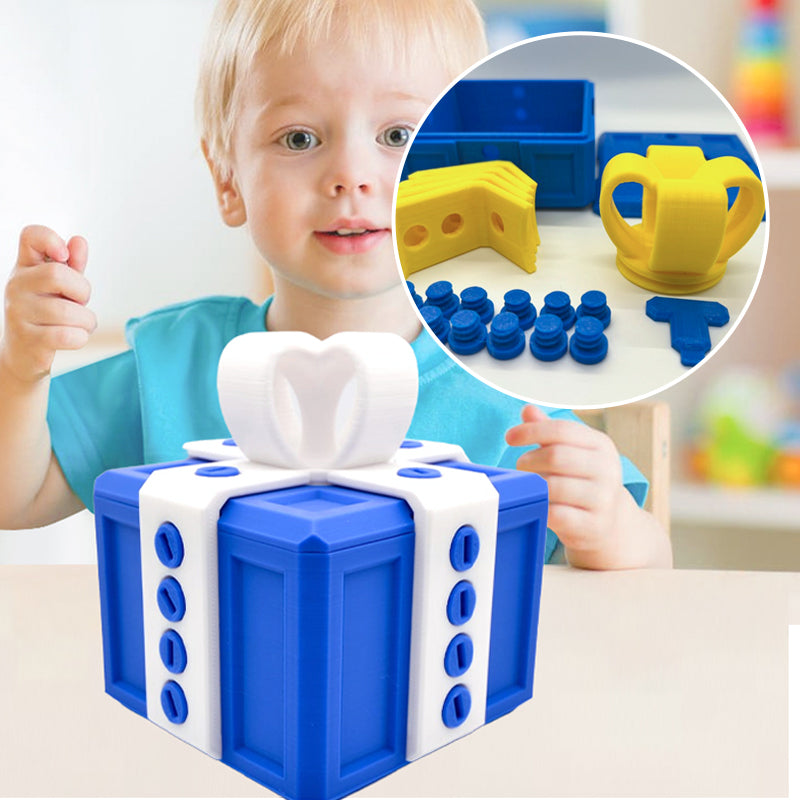 "Mångfärgad presentbox med mystisk design, 3D-utskriven med utmanande dolda nycklar och skruvbara bultar för spänning."