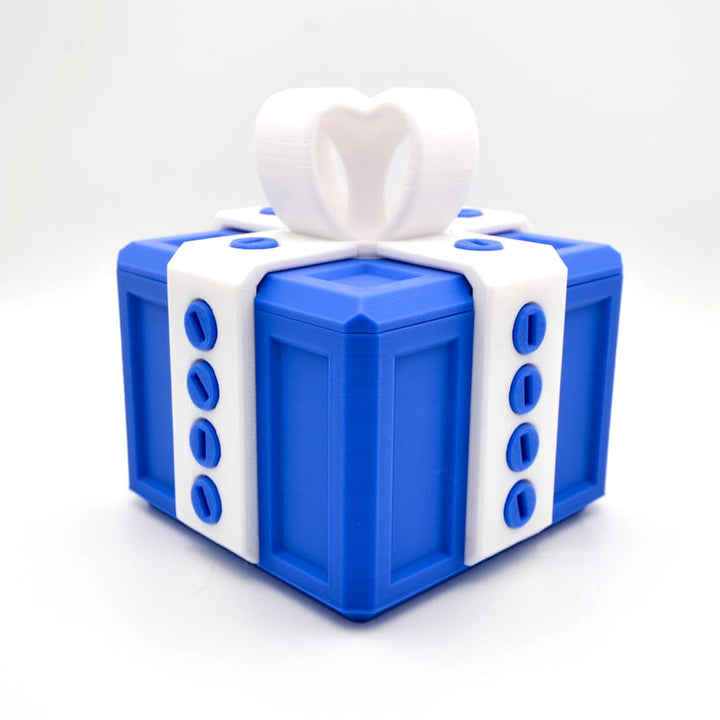 "Mångfärgad presentbox med mystisk design, 3D-utskriven med utmanande dolda nycklar och skruvbara bultar för spänning."