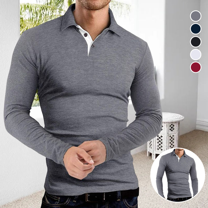 "Mäns elegant långärmad polo t-shirt med krage, modern stil, finns i flera färger inklusive röd och svart."