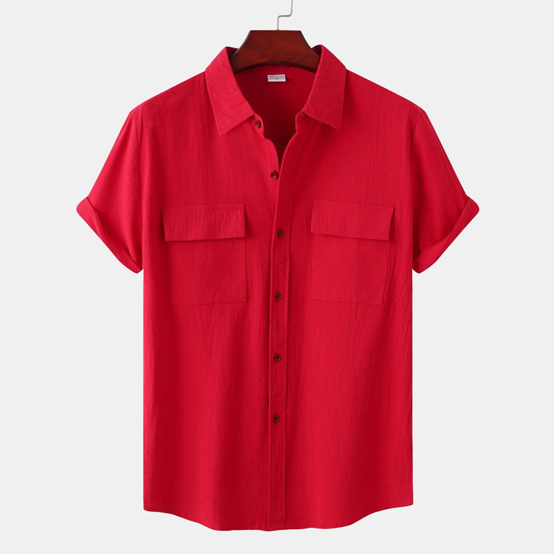 "Mäns kortärmad casual skjorta i linne-bomull, ståkrage, flera färger, elegant och luftig design, perfekt för sommaren."
