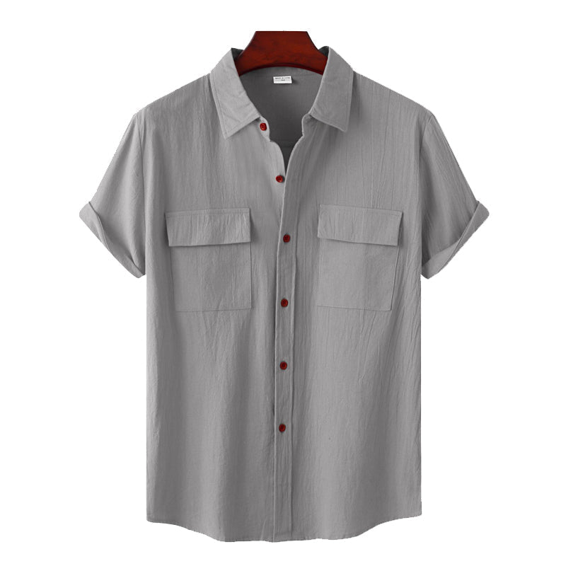 "Mäns kortärmad casual skjorta i linne-bomull, ståkrage, flera färger, elegant och luftig design, perfekt för sommaren."