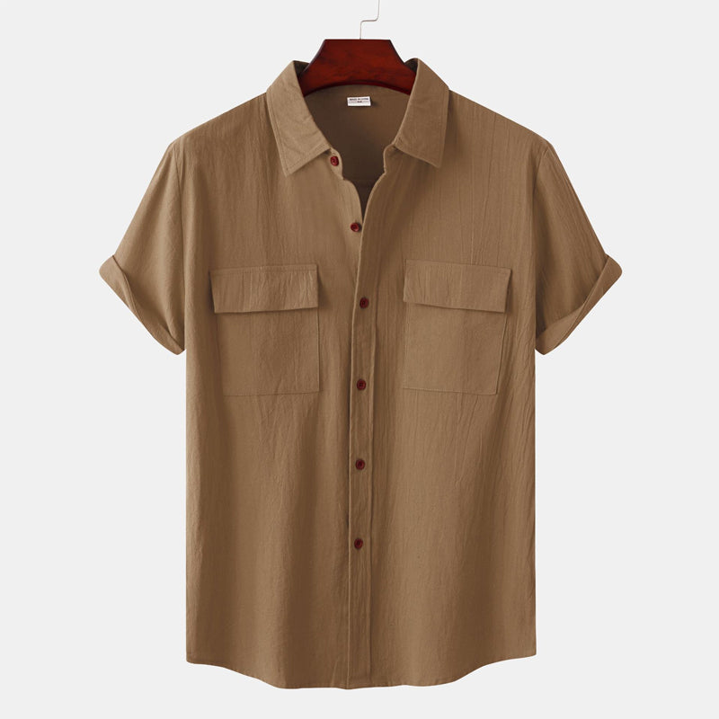 "Mäns kortärmad casual skjorta i linne-bomull, ståkrage, flera färger, elegant och luftig design, perfekt för sommaren."
