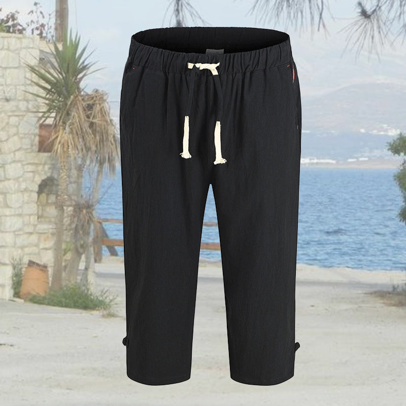 "Mäns sommar linnebyxor med dragsko, sidofickor, i lös haremstil, ljusbeige bomullslinne för vardag och strand."