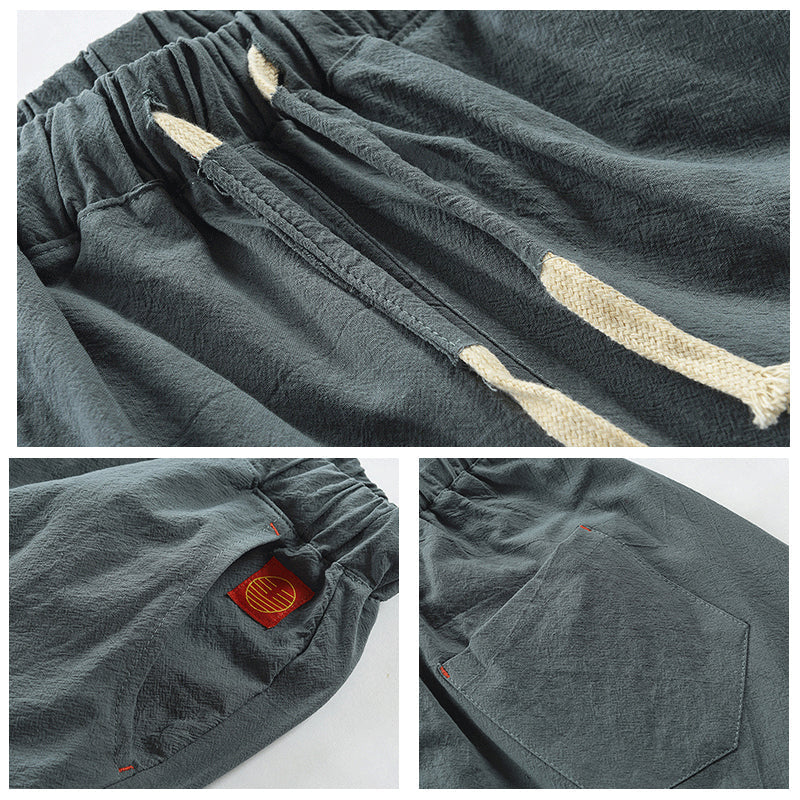 "Mäns sommar linnebyxor med dragsko, sidofickor, i lös haremstil, ljusbeige bomullslinne för vardag och strand."