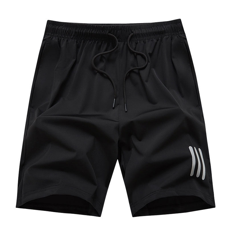 "Mäns sommar sportshorts med elastisk midja, avslappnad passform, svart färg, framifrån, lämplig för träning och vardag."