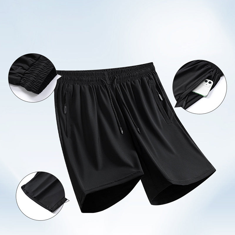 "Mäns sommar sportshorts med elastisk midja, avslappnad passform, svart färg, framifrån, lämplig för träning och vardag."