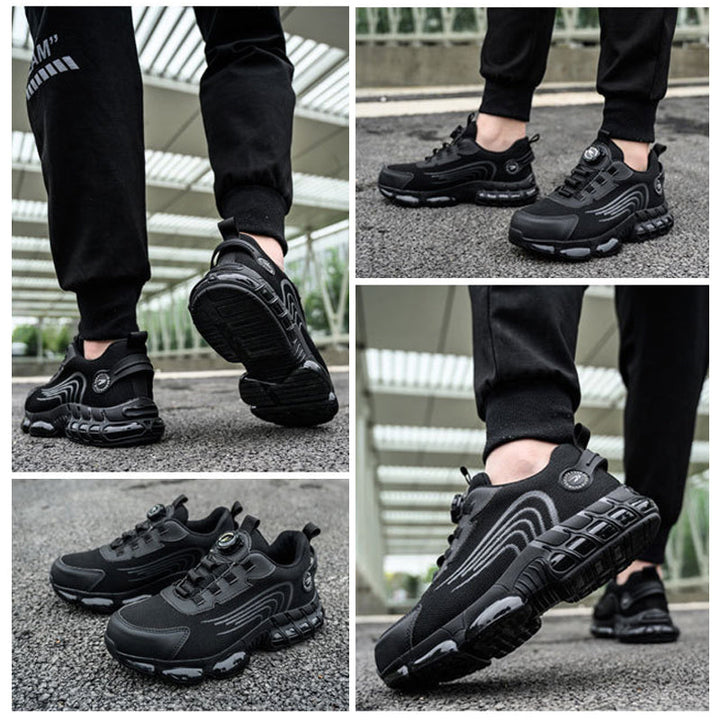 "Mäns svart säkerhetssko med ståltå och roterande knapp, tålig sula, idealisk för industrimiljö, erbjuder komfort och skydd."