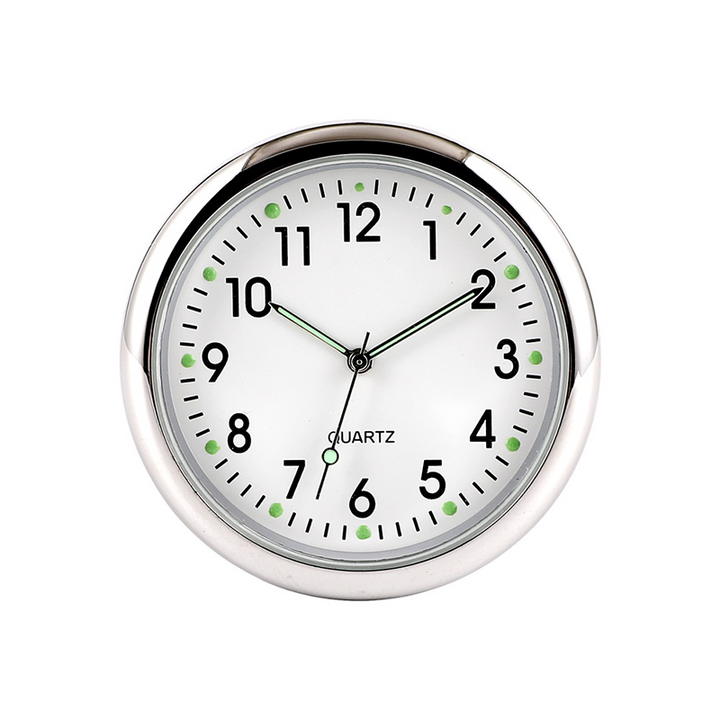 "Mini bilklocka med lysande digital display, rund metall, svart och vit färg, perfekt för stil och funktion i bilen."