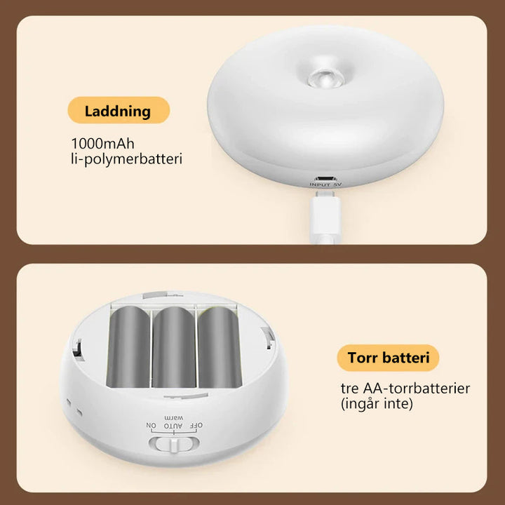 "Modern kompakt LED-nattlampa med smart rörelsesensor och varm belysning. Perfekt för säker och stilig nattbelysning."
