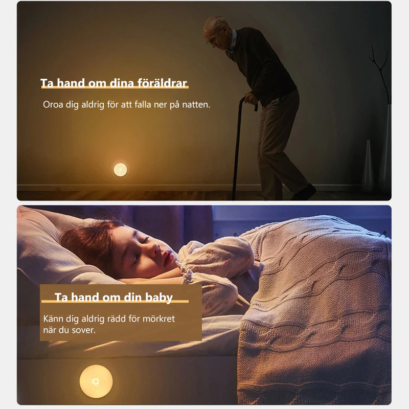 "Modern kompakt LED-nattlampa med smart rörelsesensor och varm belysning. Perfekt för säker och stilig nattbelysning."