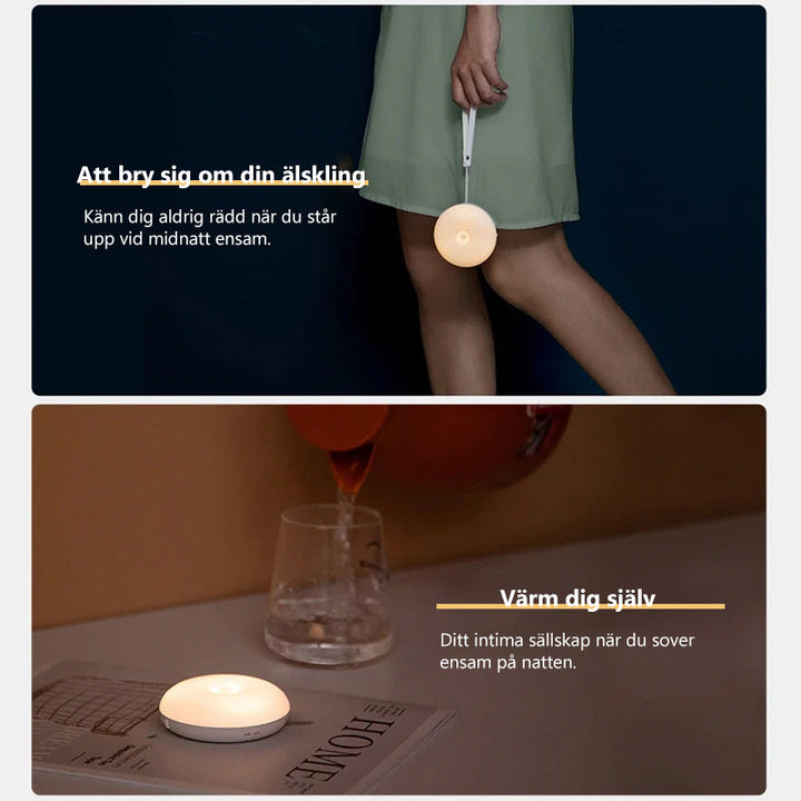 "Modern kompakt LED-nattlampa med smart rörelsesensor och varm belysning. Perfekt för säker och stilig nattbelysning."