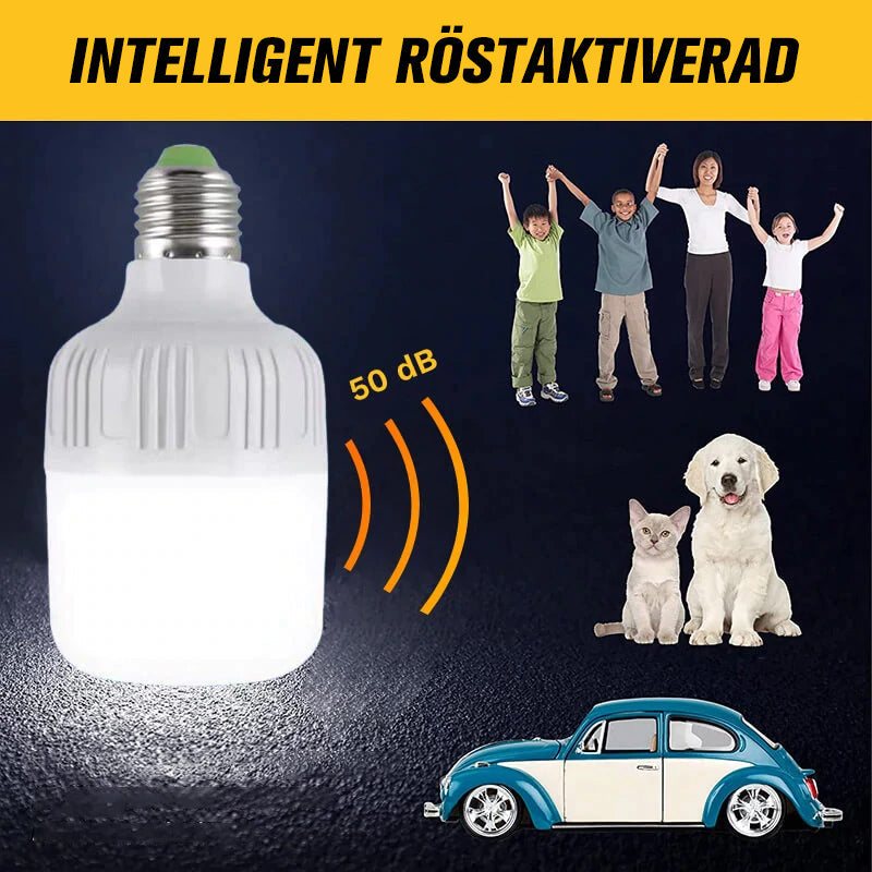 "Modern LED-lampa med automatisk rörelsesensor och ljudaktivering, perfekt för energieffektiv belysning inomhus och utomhus."