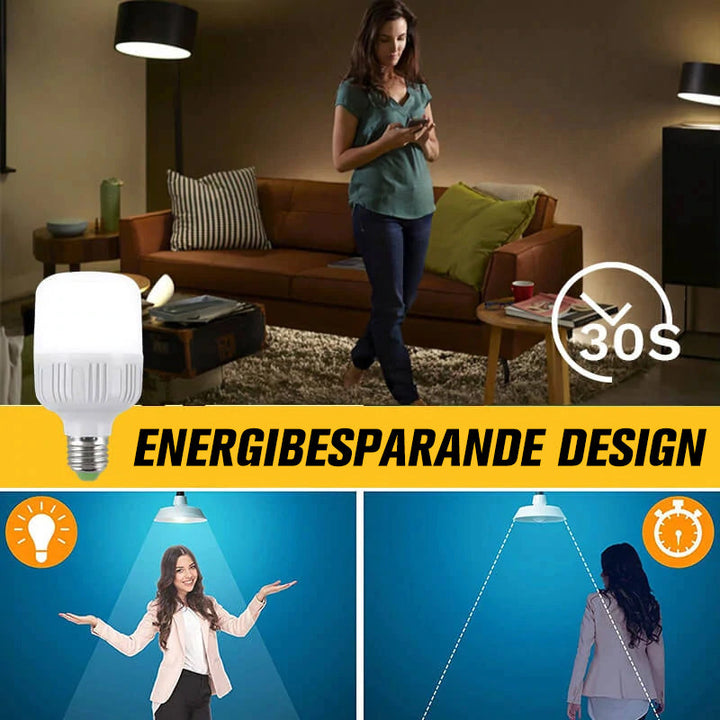 "Modern LED-lampa med automatisk rörelsesensor och ljudaktivering, perfekt för energieffektiv belysning inomhus och utomhus."