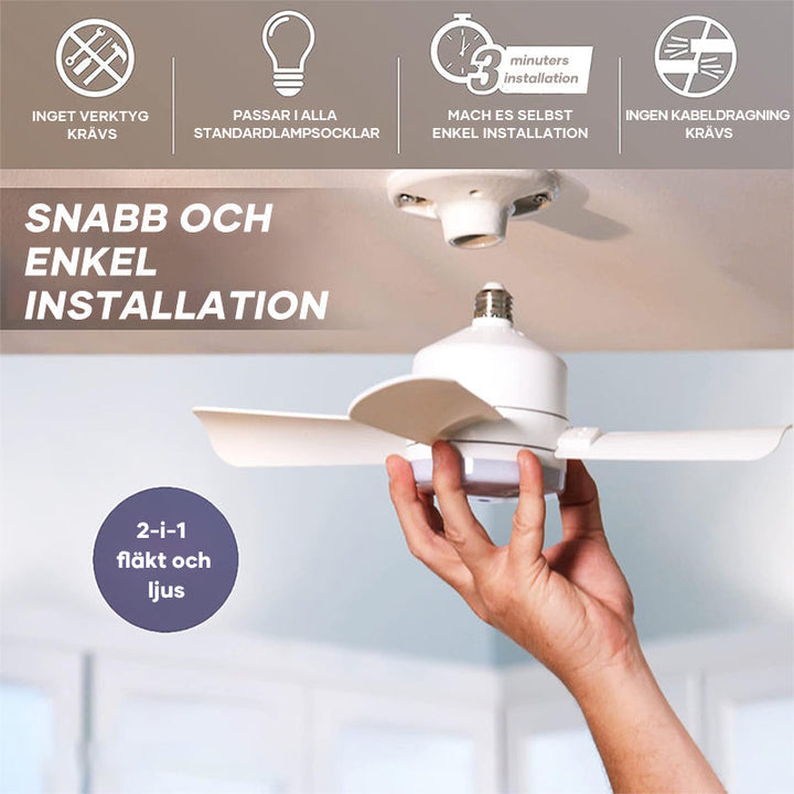 "Modern takfläkt med integrerad LED-lampa, stilren design, grå toner, fjärrkontroll med anpassningsbara inställningar."