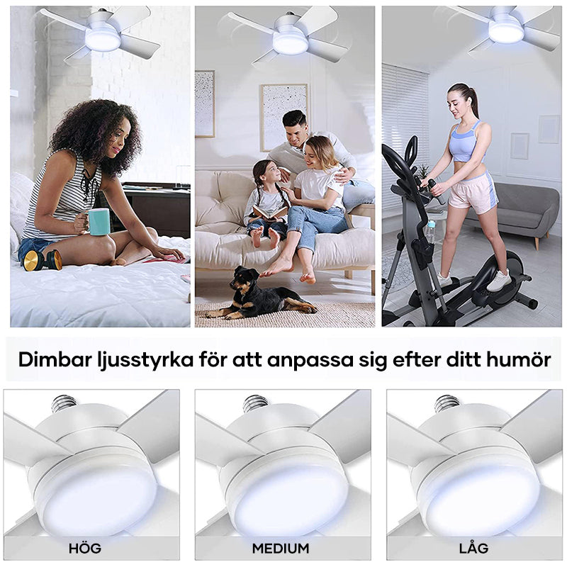 "Modern takfläkt med integrerad LED-lampa, stilren design, grå toner, fjärrkontroll med anpassningsbara inställningar."