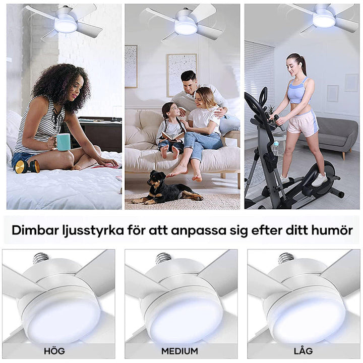 "Modern takfläkt med integrerad LED-lampa, stilren design, grå toner, fjärrkontroll med anpassningsbara inställningar."