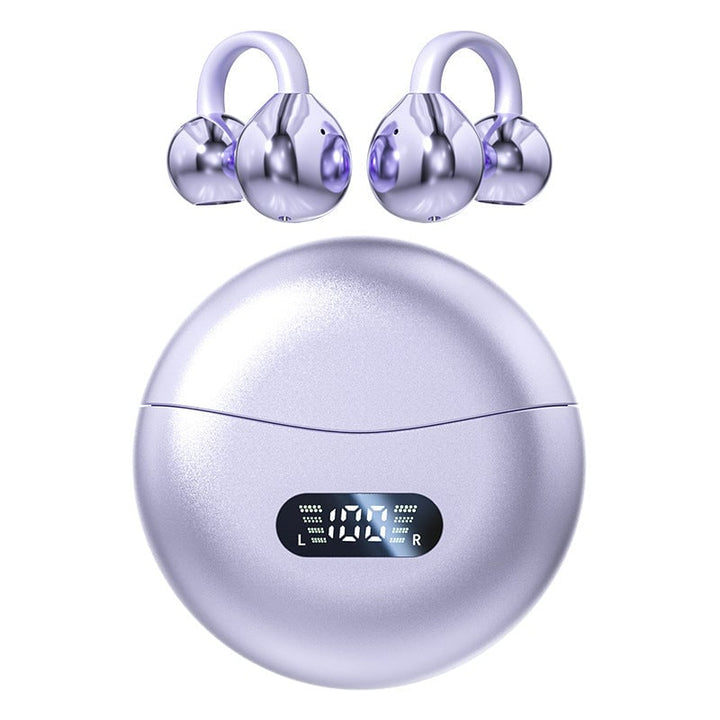 "Moderna Bluetooth-hörlurar med AI-översättning i elegant design, lila och grå, för optimal ljudkvalitet och språkstöd."