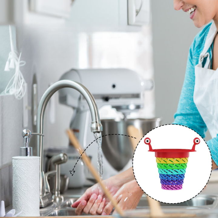 "Monsterdisksil i köket, PP-material, färgglad design, kompakt, passar standarddiskbänkar, rolig och funktionell."