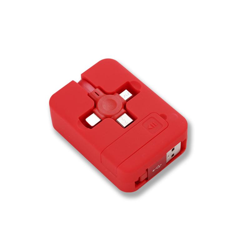 "Multifärgad 3-i-1 laddningsadapter, kompakt och flexibel design, passar iOS, Micro USB, Typ C, perfekt för resenärer."