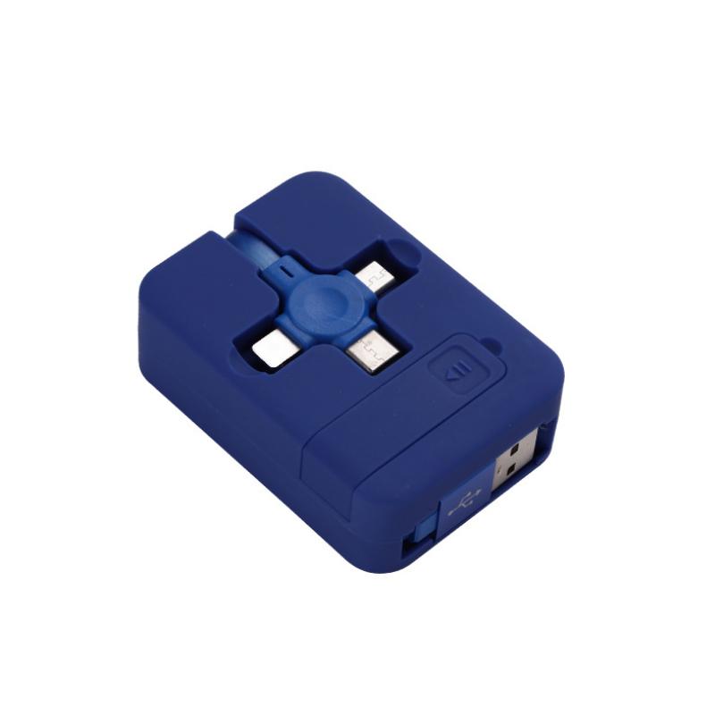 "Multifärgad 3-i-1 laddningsadapter, kompakt och flexibel design, passar iOS, Micro USB, Typ C, perfekt för resenärer."