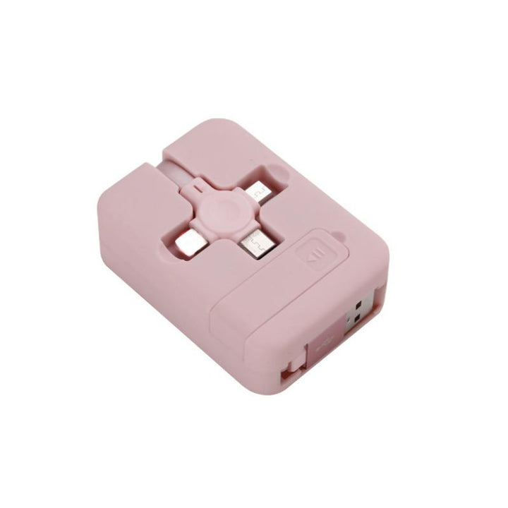 "Multifärgad 3-i-1 laddningsadapter, kompakt och flexibel design, passar iOS, Micro USB, Typ C, perfekt för resenärer."