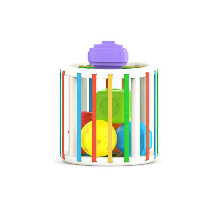 Multifärgad pedagogisk barnleksak med sensoriska funktioner, runda hörn och elastiska rep för småbarns utveckling.