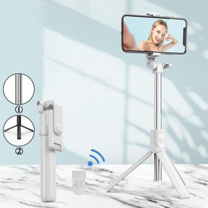 "Multifunktionell Bluetooth-fjärrkontroll Selfie-hållare med stativ och inbyggt fyllningsljus för enkla och stiliga selfies."
