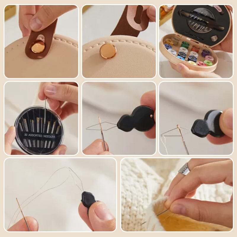 "Multifunktionell handhållen sömnadssats i beige och grön med nålar och trådar i en kompakt, lätt design."