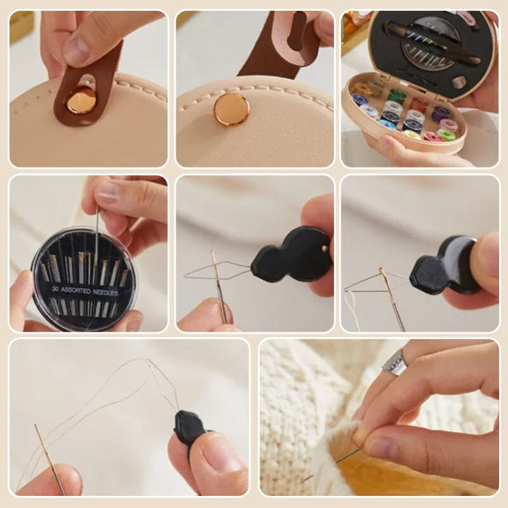 "Multifunktionell handhållen sömnadssats i beige och grön med nålar och trådar i en kompakt, lätt design."